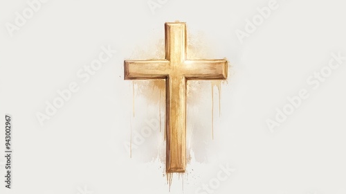 A gold cross with a white background. The cross is painted with gold paint and has a gold hue