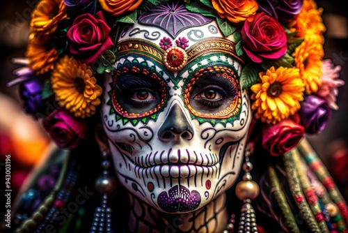 Colorful Sugar Skull Makeup with Floral Headpiece Celebrating Day of the Dead Festival