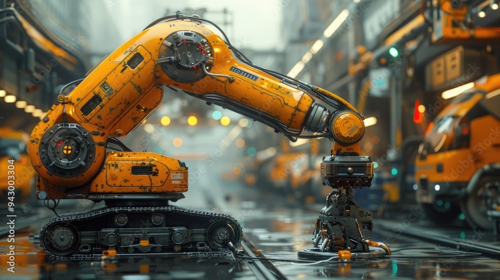 A heavy-duty robotic arm mounted on a track, set in an expansive industrial hall, emphasizing the role of high-powered automation and robotics in modern manufacturing processes. A heavy-duty robotic arm mounted on a track, set in an expansive industrial hall, emphasizing the role of high-powered automation and robotics in modern manufacturing processes.