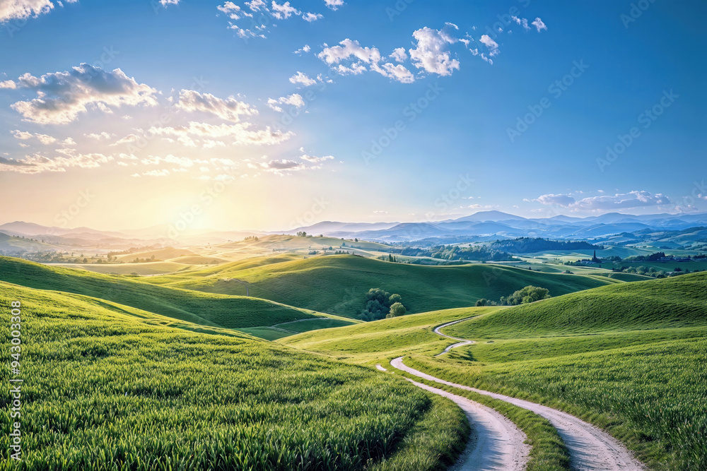 Fototapeta premium Winding country road with golden light of the setting sun in the beautiful green rolling hills