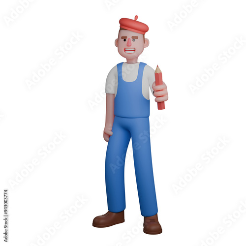 Male Artistic 3D Animation. An artist is seen firmly holding a red pencil in his right hand, as if ready to start drawing or convey an idea. Painter