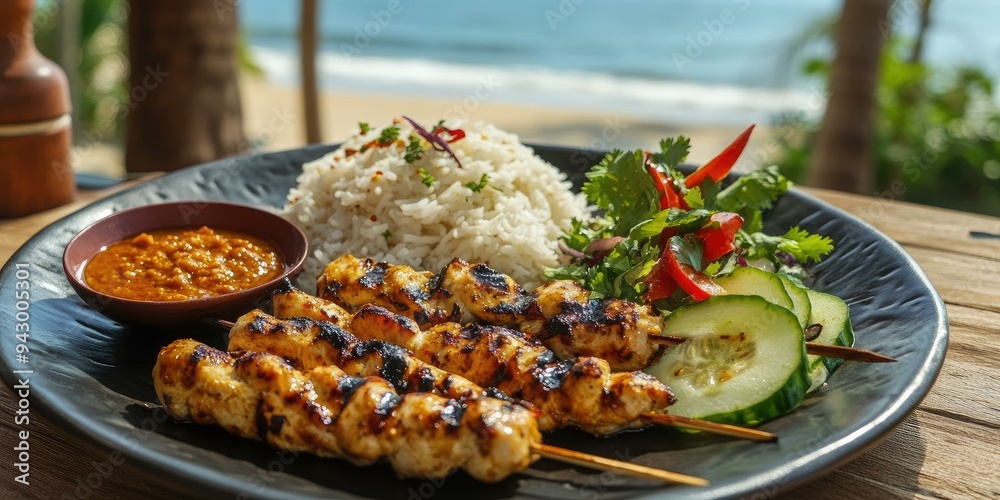 Fototapeta premium Grilled chicken skewers, rice, salad and dipping sauce.
