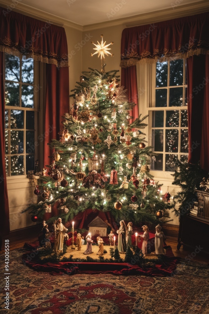 Cozy Living Room with Traditional Christmas Tree and Nativity Scene Cozy Living Room with Traditional Christmas Tree and Nativity Scene