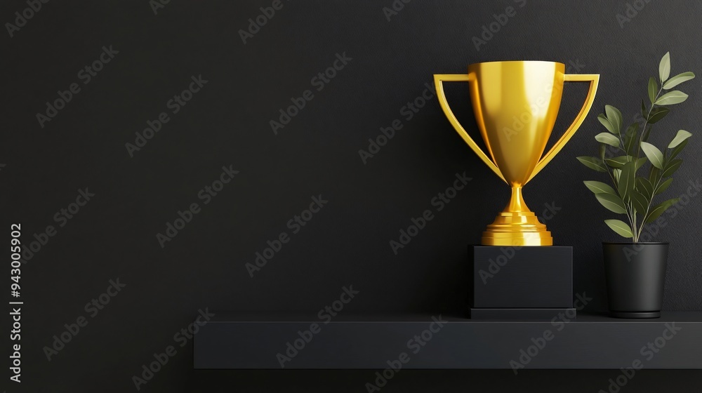 Golden yellow trophy on a dark charcoal shelf Golden yellow trophy on a dark charcoal shelf