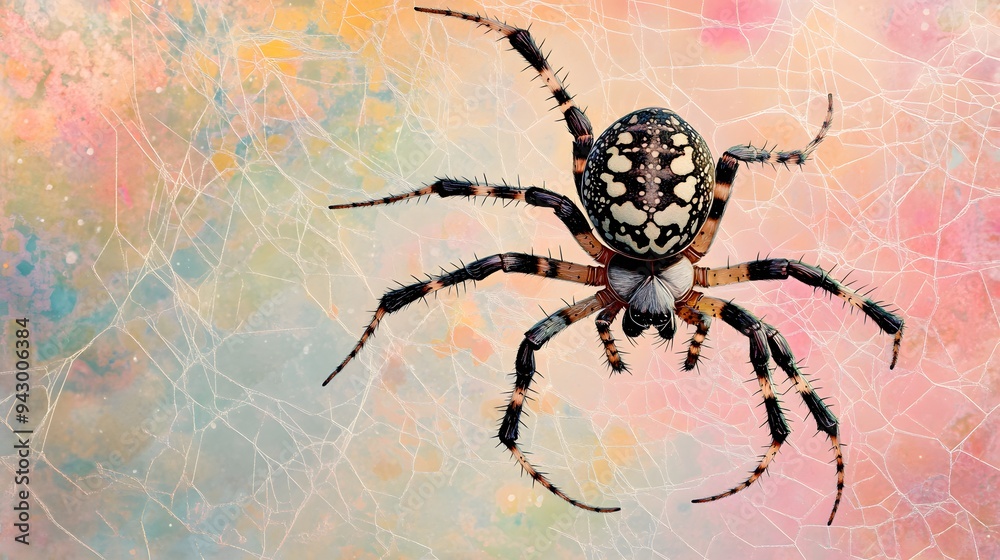 Floating oversized spider with delicate webs in a pastel-themed setting Floating oversized spider with delicate webs in a pastel-themed setting