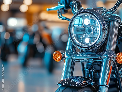 Shiny motorcycle in a showroom, sharp focus on the headlight, blurred background, vibrant colors, sleek and modern photo