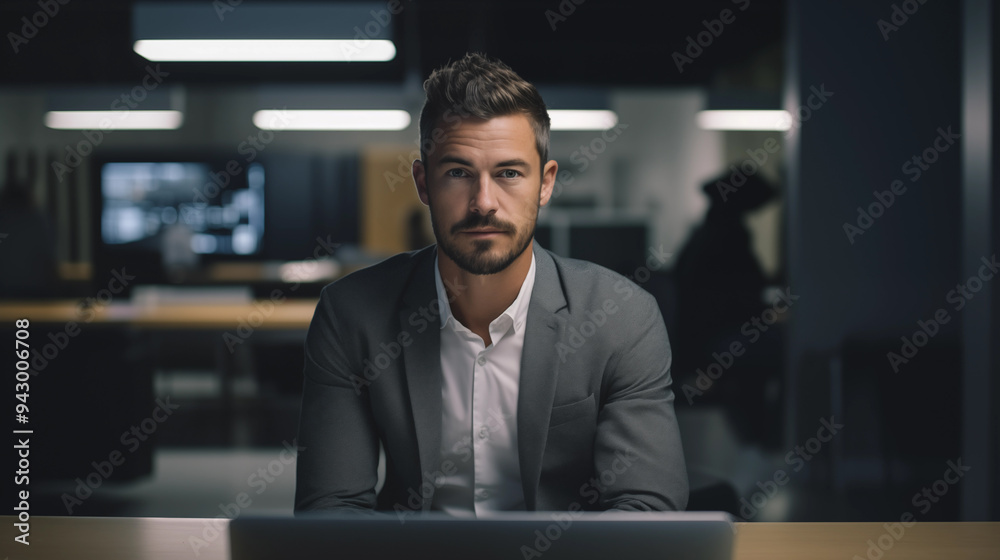 white man with blond hair mustache and beard in gray jacket and white shirt sitting in center of frame and looking at camera against office background at late hour white man with blond hair mustache and beard in gray jacket and white shirt sitting in center of frame and looking at camera against office background at late hour