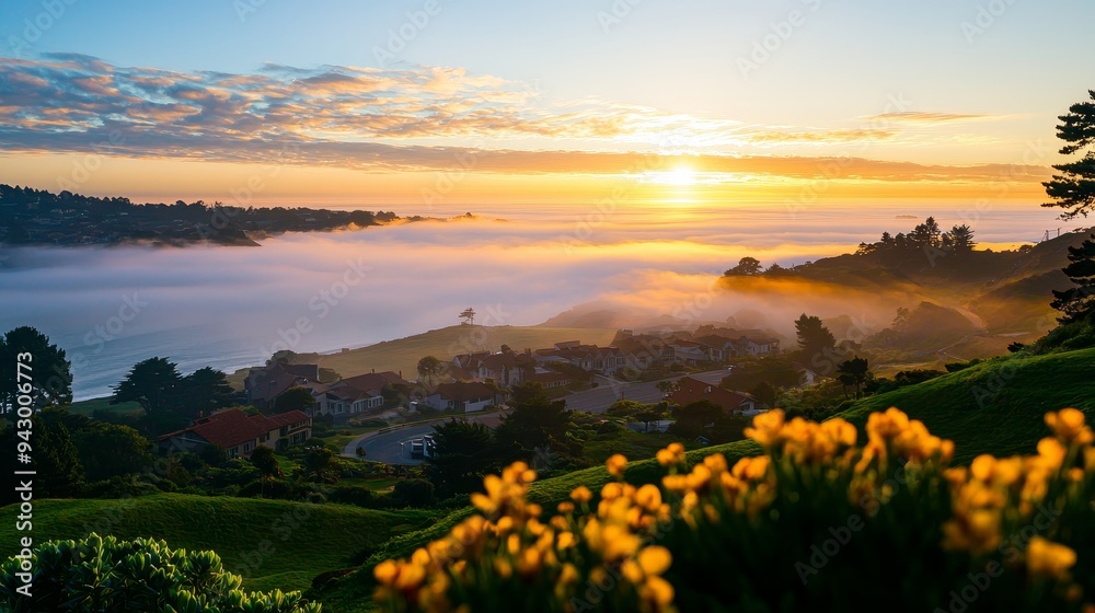 Dense fog covering a coastal town at dawn, foggy weather, quiet and eerie Dense fog covering a coastal town at dawn, foggy weather, quiet and eerie