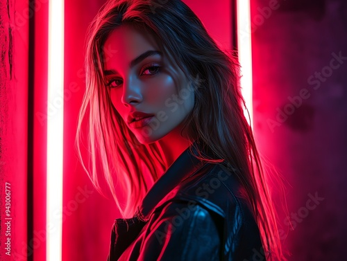 Stylish woman in casual wear, intense lighting, dark background with red neon lights, confident and edgy pose