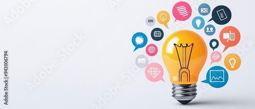 Colorful light bulb, surrounded by business icons, representing innovative marketing ideas, flat design illustration