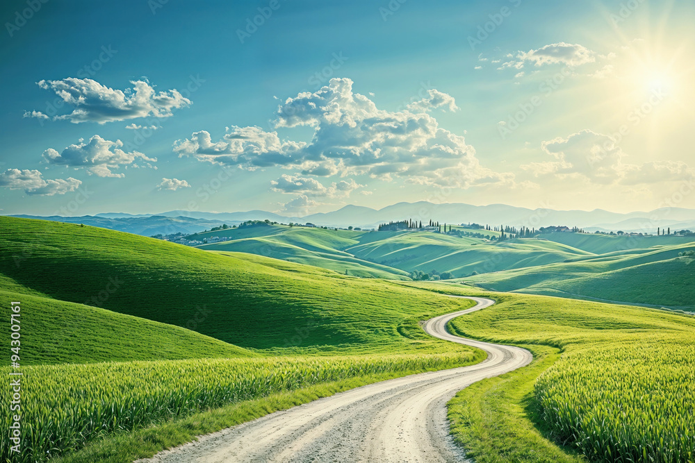 Scenic view of a winding road through green rolling hills under a bright sky with clouds Scenic view of a winding road through green rolling hills under a bright sky with clouds