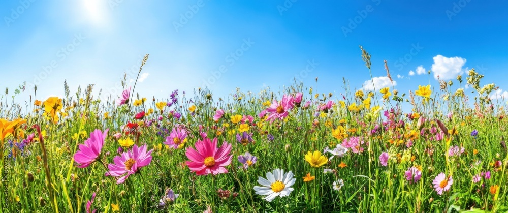 Panoramic View of a Blooming Flower Meadow with Soft Focus and Bokeh Panoramic View of a Blooming Flower Meadow with Soft Focus and Bokeh