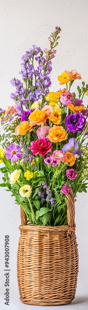 Wicker basket filled with vibrant spring flowers, soft natural lighting, centered composition, studio setting, white background Wicker basket filled with vibrant spring flowers, soft natural lighting, centered composition, studio setting, white background