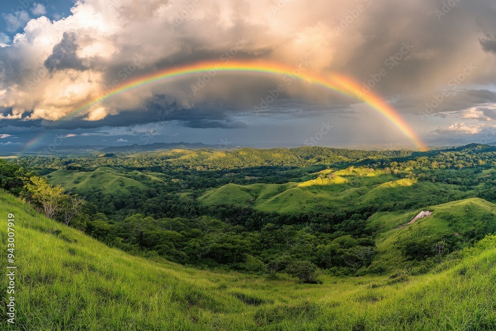 Scenic Landscape with Rainbow Over Rolling Hills and Valleys Scenic Landscape with Rainbow Over Rolling Hills and Valleys