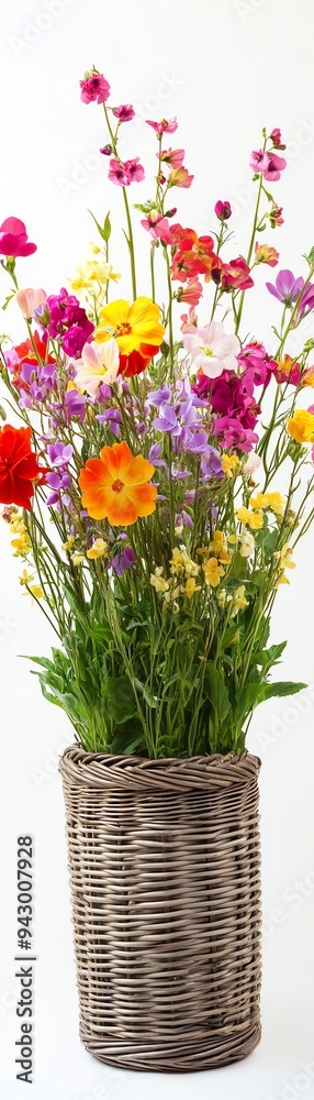 Wicker basket filled with vibrant spring flowers, soft natural lighting, centered composition, studio setting, white background Wicker basket filled with vibrant spring flowers, soft natural lighting, centered composition, studio setting, white background