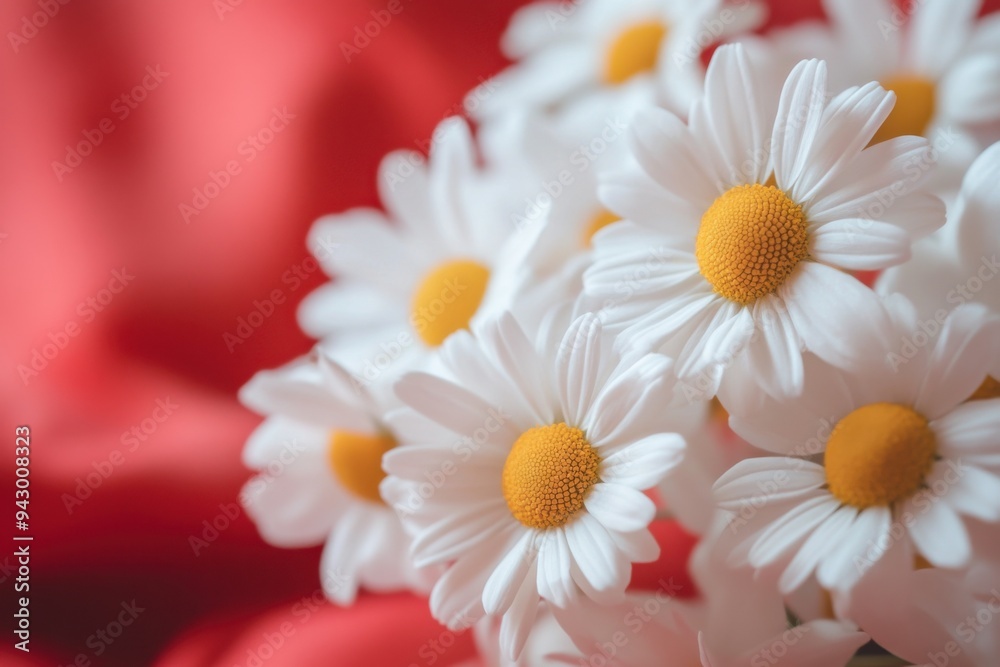 Close-Up of Chamomile Flowers on Red Cloth Close-Up of Chamomile Flowers on Red Cloth