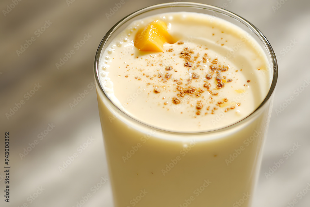 Creamy mango lassi in a tall glass, garnished with cardamom, set against a minimalist background for a cool refreshment Creamy mango lassi in a tall glass, garnished with cardamom, set against a minimalist background for a cool refreshment