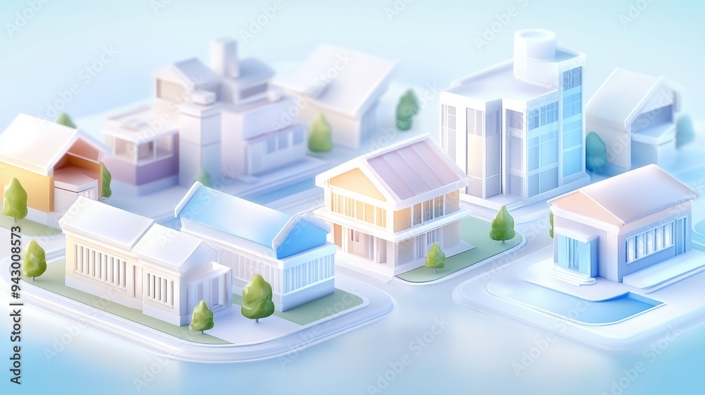 A row of houses with a tree in the middle. The houses are all different sizes and styles A row of houses with a tree in the middle. The houses are all different sizes and styles
