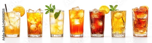 Refreshing Assortment of Iced Beverages in Tall Glasses with Citrus and Mint Garnishes on White Background