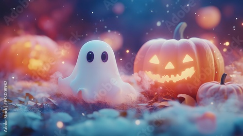 Friendly ghost floating over softly glowing pumpkins in muted pastels