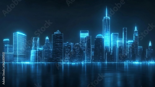 Neon blue lights outlining a dark charcoal city skyline