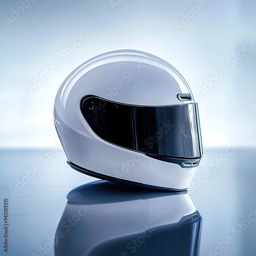A sleek white motorcycle helmet with a reflective visor on a reflective surface.