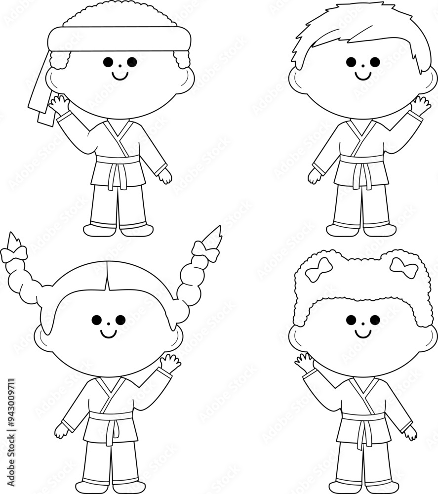 Karate kids athletes, boys and girls. Diverse group of children in martial arts uniforms. Karate, Taekwondo, judo, jujitsu, kickboxing, or kung fu children athletes. Vector black and white color page Karate kids athletes, boys and girls. Diverse group of children in martial arts uniforms. Karate, Taekwondo, judo, jujitsu, kickboxing, or kung fu children athletes. Vector black and white color page