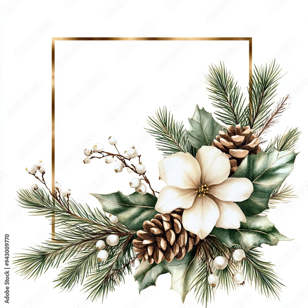 Fototapeta premium Elegant Christmas Floral Frame with Pinecones, Beautiful holiday floral arrangement featuring white flowers, pinecones, and evergreen branches, arranged in an elegant frame for festive decoration.