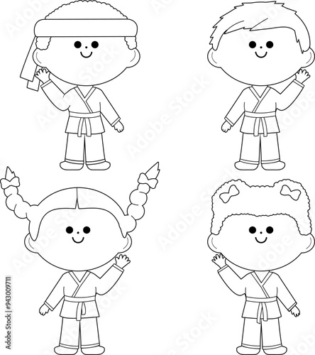Karate kids athletes, boys and girls. Diverse group of children in martial arts uniforms. Karate, Taekwondo, judo, jujitsu, kickboxing, or kung fu children athletes. Vector black and white color page