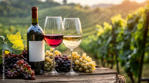 red wine and grapes, wineyard background, warm light