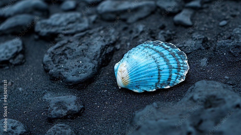 Turquoise seashell resting on a dark charcoal beach Turquoise seashell resting on a dark charcoal beach