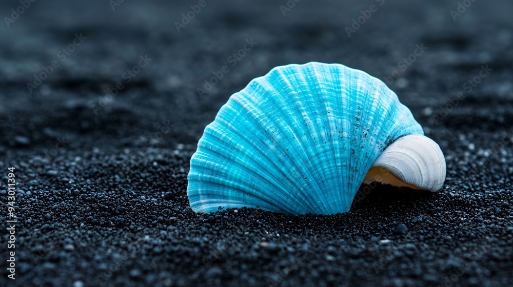 Turquoise seashell resting on a dark charcoal beach Turquoise seashell resting on a dark charcoal beach