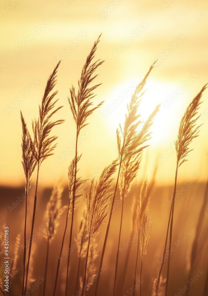 Fototapeta premium Golden Sunset with Swaying Reeds in a Tranquil Landscape
