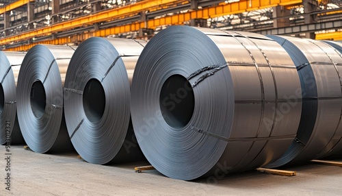 Close-up of large metal rolls stacked neatly in a spacious warehouse, showcasing industrial efficiency and precision fabrication.