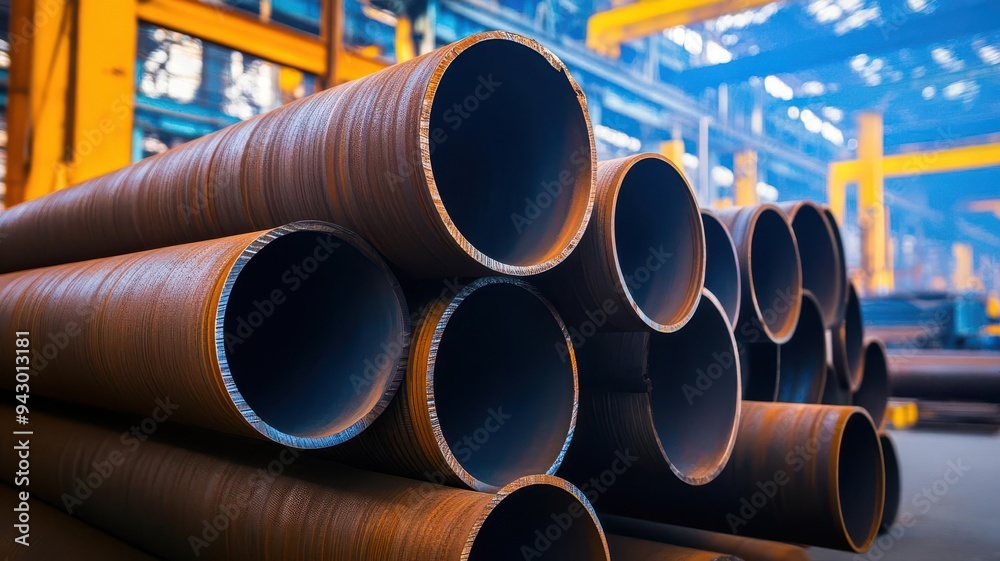 Stack of industrial pipes in a factory. The metallic texture and structure highlight the manufacturing process and storage. Stack of industrial pipes in a factory. The metallic texture and structure highlight the manufacturing process and storage.