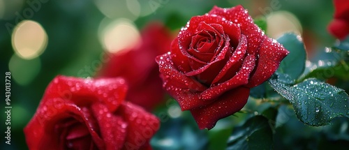 Red rose in full bloom with dew drops on petals in a vibrant garden setting