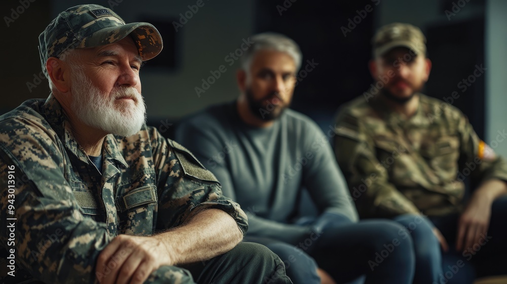 Veteran in Thoughtful Reflection with Fellow Servicemembers Veteran in Thoughtful Reflection with Fellow Servicemembers