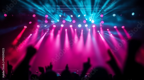 Vibrant concert stage with colorful lights illuminating a lively atmosphere and excited audience hands raised in celebration.