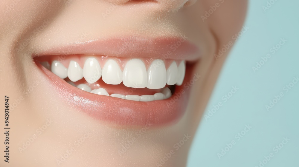 Fototapeta premium A bright smile with perfect white teeth conveys happiness and confidence. subjects joyful expression enhances overall appeal of image. 