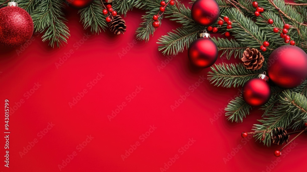 Festive red Christmas background with evergreen branches ornaments Festive red Christmas background with evergreen branches ornaments