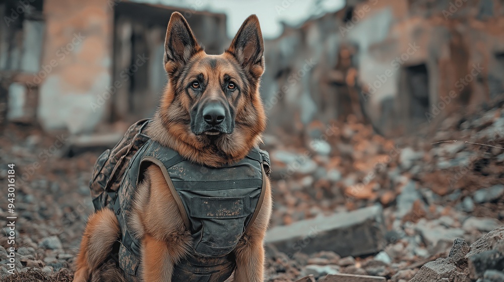 Fototapeta premium images of a military dog wearing tactical gear amidst the ruins of a war-torn area.