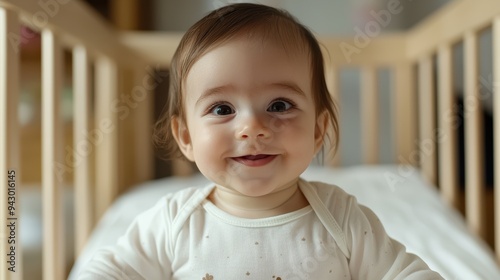 Smiling baby in crib, radiating joy and innocence. warm expression captures moment of happiness and curiosity. 