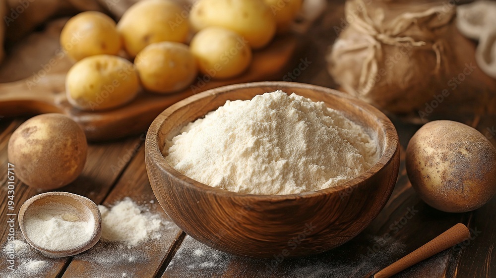 bowl of fine potato flour surrounded by fresh, unpeeled potatoes on a wooden surface. bowl of fine potato flour surrounded by fresh, unpeeled potatoes on a wooden surface.