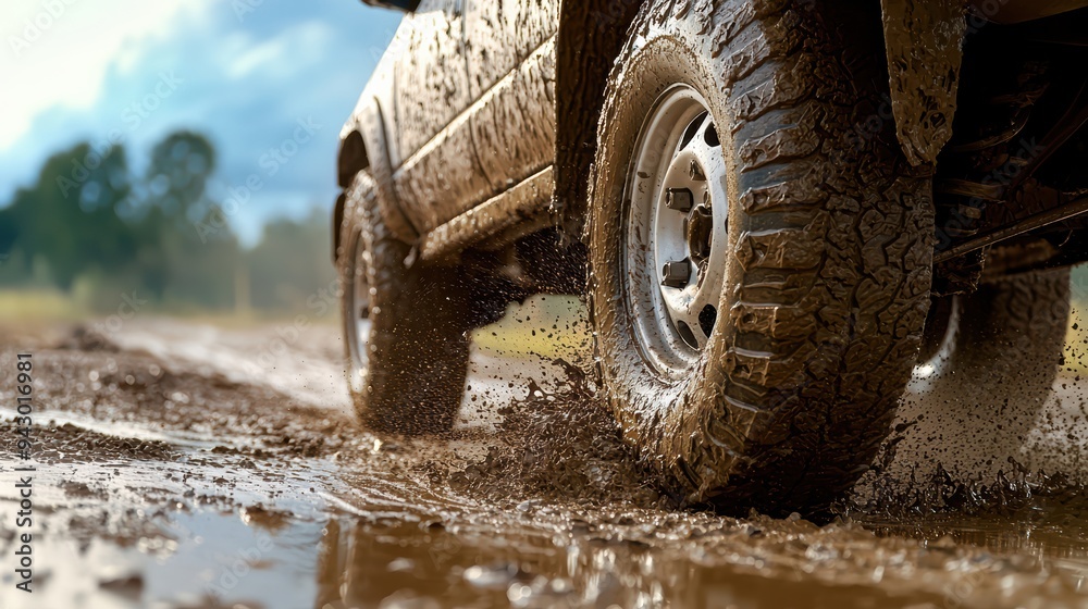 Muddy tire splashing through wet dirt road, showcasing ruggedness of off road driving. image conveys sense of adventure and excitement. Muddy tire splashing through wet dirt road, showcasing ruggedness of off road driving. image conveys sense of adventure and excitement.