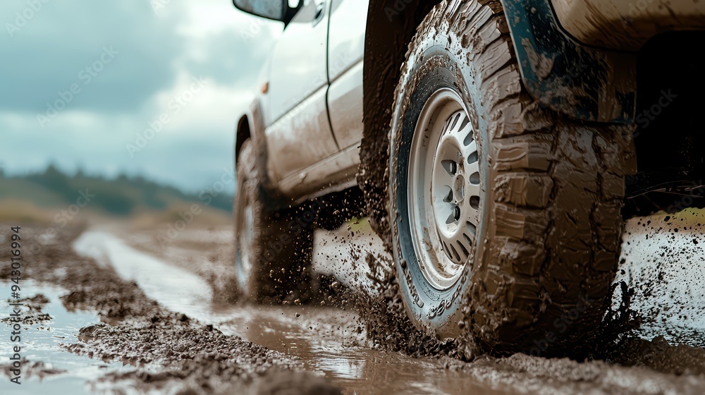 A close up of muddy tire splashing through water, showcasing ruggedness of off road driving. image conveys sense of adventure and excitement. A close up of muddy tire splashing through water, showcasing ruggedness of off road driving. image conveys sense of adventure and excitement.