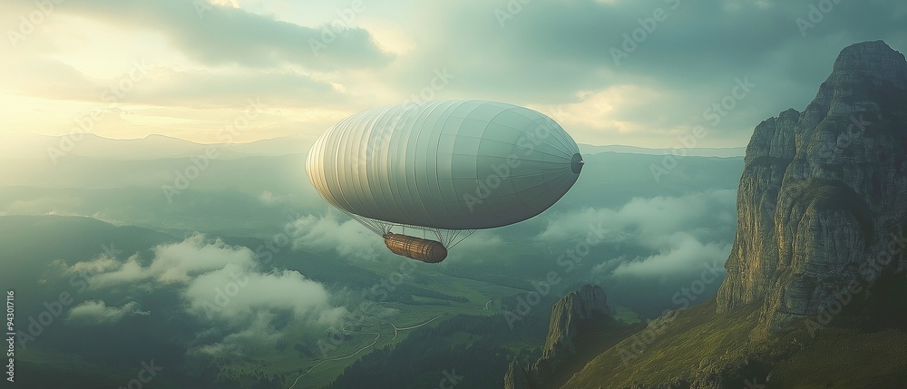 A majestic airship floating gracefully through the clouds at sunrise, with soft light illuminating the landscape below. A majestic airship floating gracefully through the clouds at sunrise, with soft light illuminating the landscape below.