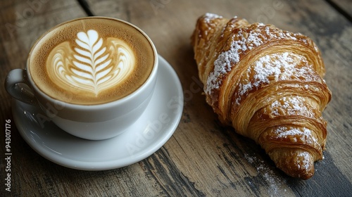 Latte art coffee in white cup with flaky croissant on wooden table background