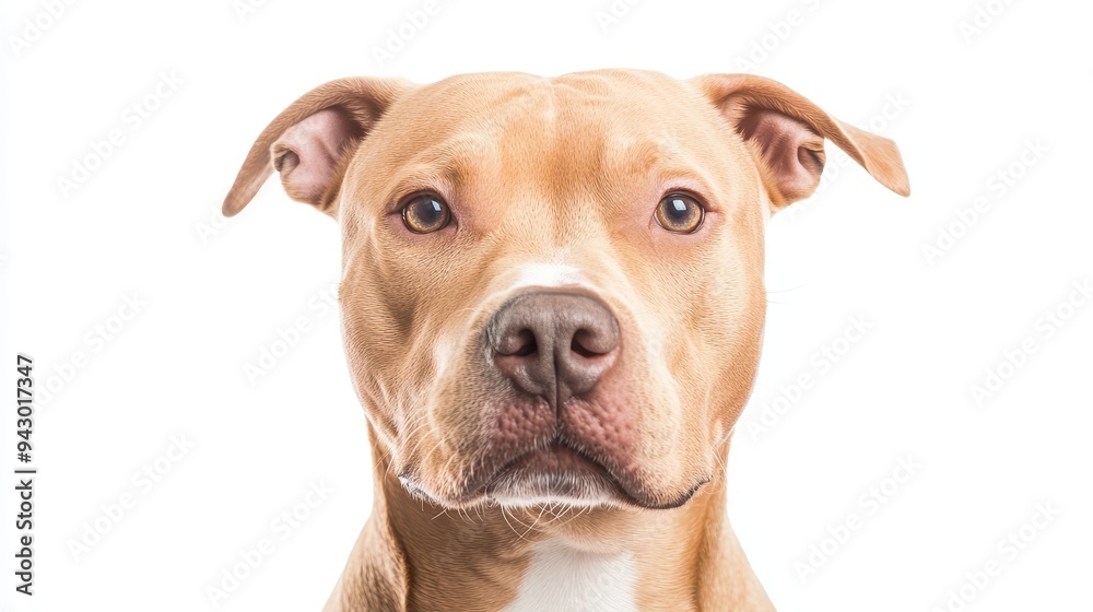 A brown and white pitbull dog with a blue eye. The dog is looking directly at the camera A brown and white pitbull dog with a blue eye. The dog is looking directly at the camera