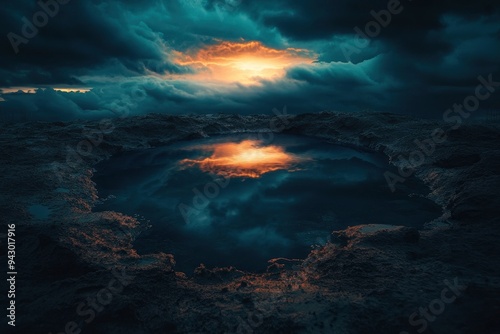Blue hole in the dark cloudy sky. Storm Clouds. Evening sunset. Rainy and stormy weather. Art wallpaper. Natural landscape. Beauty in nature. After thunderstorm. The hope concept, ai