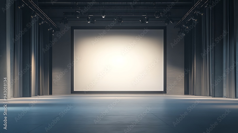 Spacious Empty Event Hall with a Large Blank Screen and Soft Lighting, Perfect for Displaying Advertising Mockups Spacious Empty Event Hall with a Large Blank Screen and Soft Lighting, Perfect for Displaying Advertising Mockups